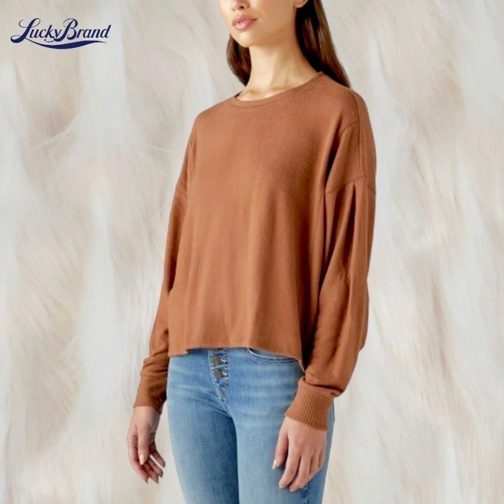 LUCKY BRAND Cloud Jersey Exposed Seam Relaxed Long Sleeve Top-Caramel/Lg/NWT